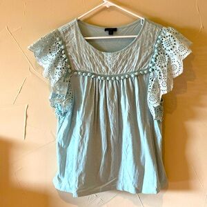 J Crew Pale Blue Blouse with Lace Sleeves and PomPom Detailing